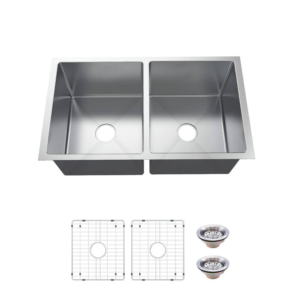 Glacier Bay Tight Radius Undermount 18G Stainless Steel 36 in. 5050 Double Bowl Kitchen Sink with Accessories FSUR3619A0ACC