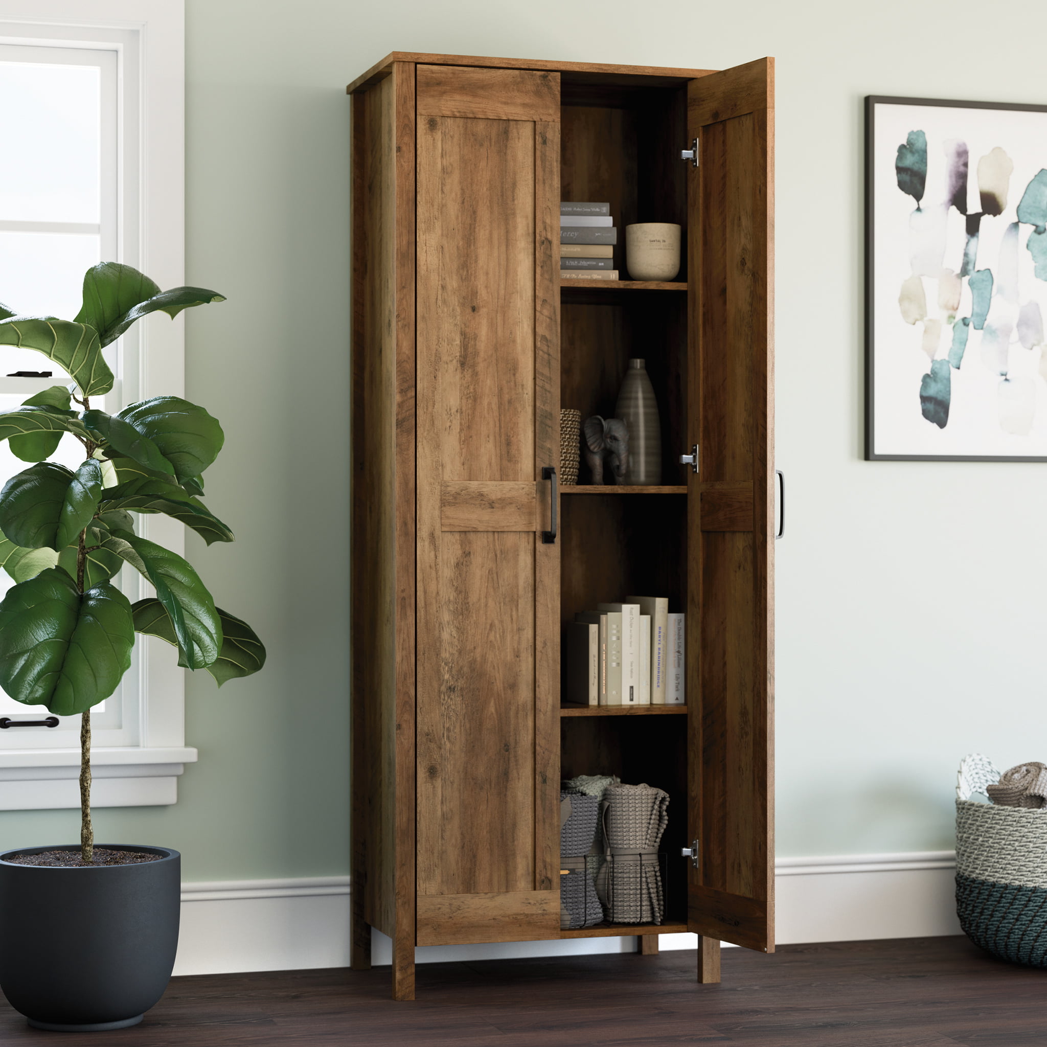 Sauder Two-Door Storage Cabinet， Rural Pine Finish