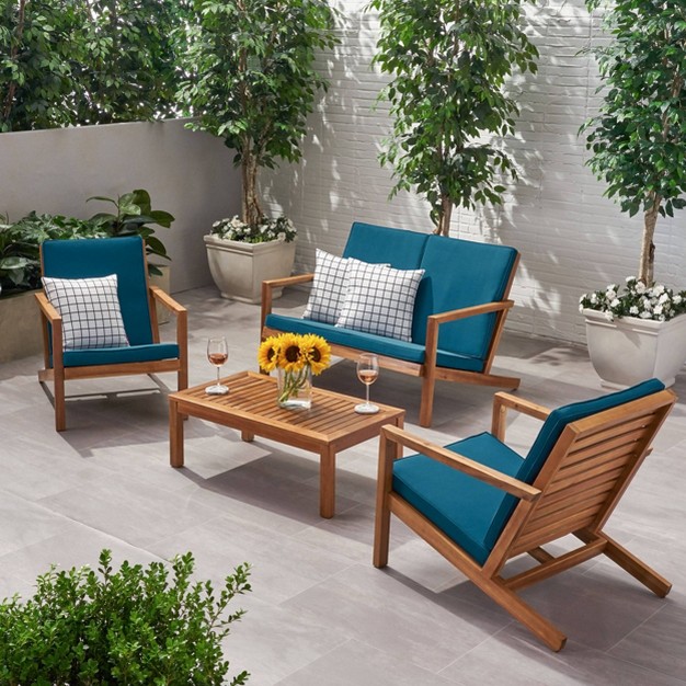 4pc Leah Acacia Wood Patio Chat Set Dark Teal Christopher Knight Home