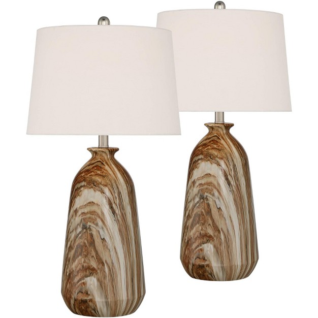 Tall Set Of 2 Swirling Brown Faux Marble White Tapered Drum For Bedroom Living Room Bedside Nightstand