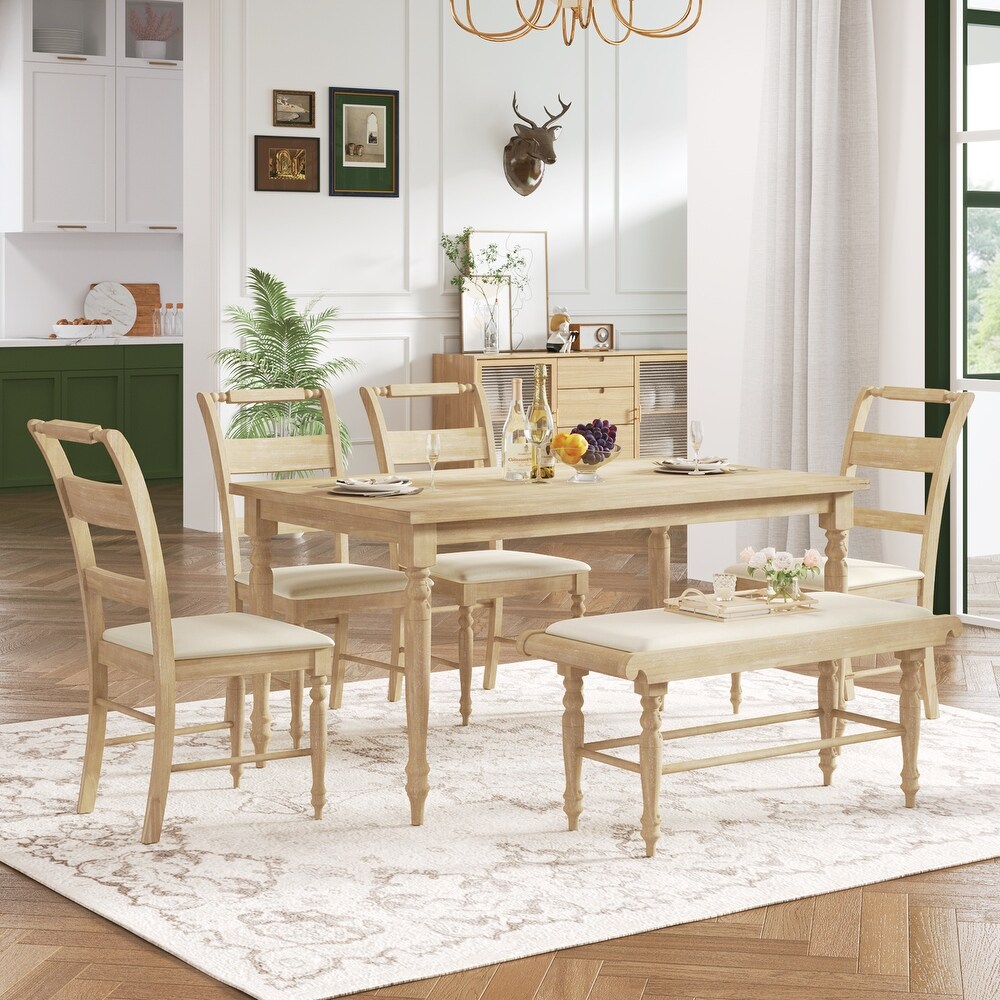 6 Peice Rectangular Dining Table Set with Upholstered Chairs   Bench