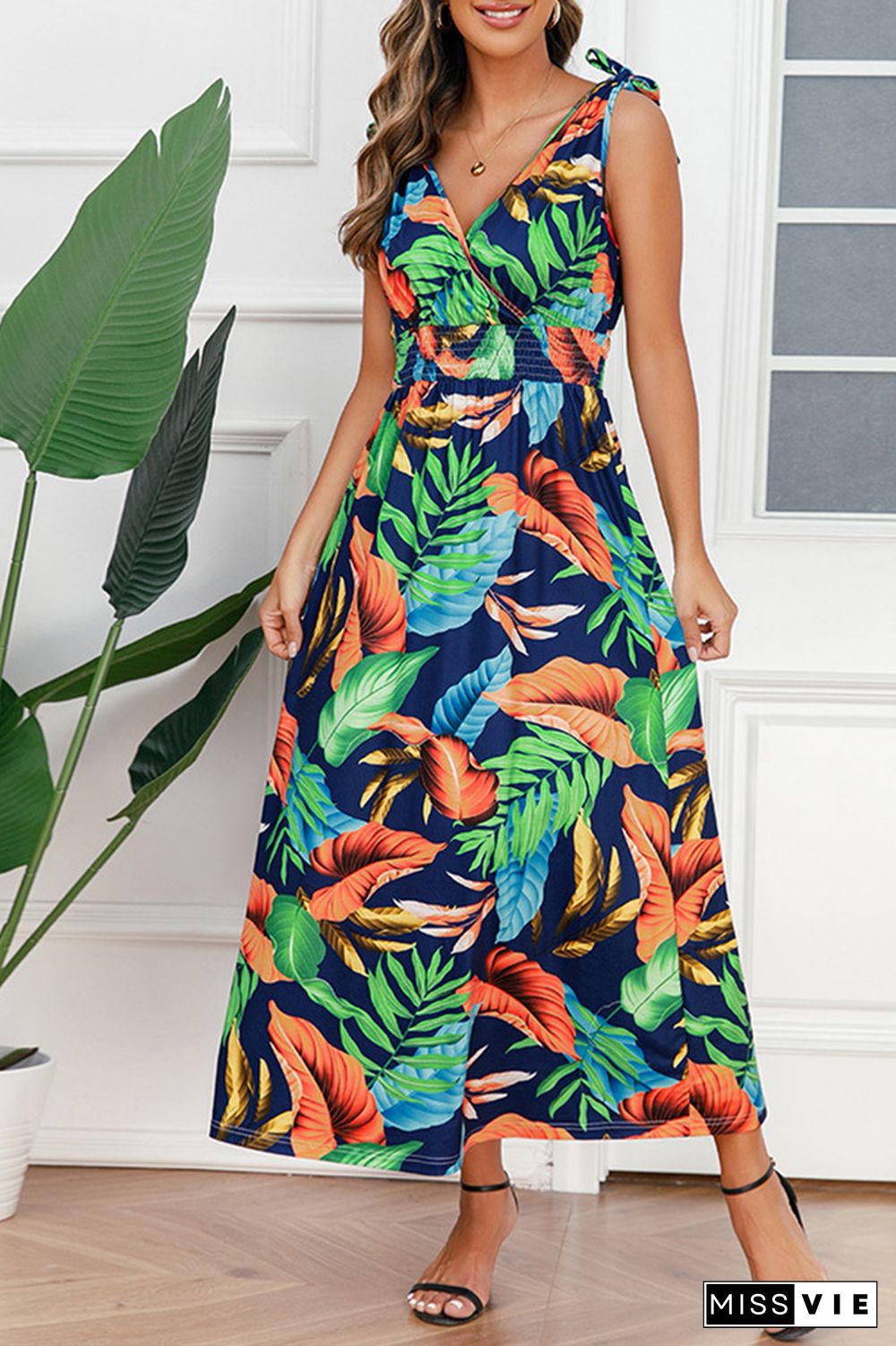 Palm Leaf Print Sleeveless Long Dress