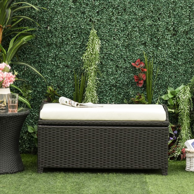 Outsunny Storage Bench Rattan Wicker Garden Deck Box Bin With Interior Waterproof Cloth Bag And Comfortable Cushion