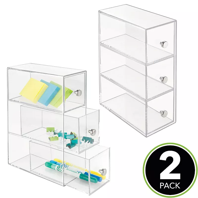 mDesign Plastic Stackable Desktop Storage for Office， 3 Drawers， 2 Pack