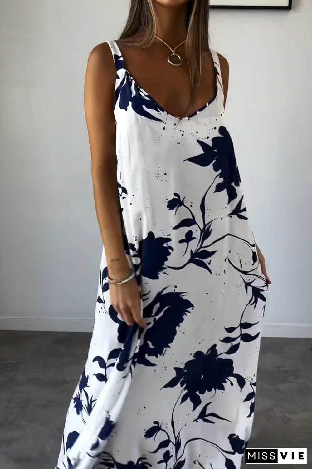 Casual Floral Backless V Neck Printed Dresses