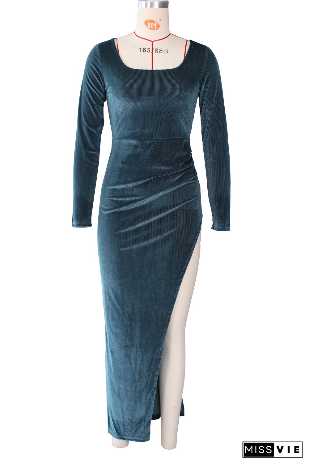 Velvet Long Sleeve High Slit Evening Dress