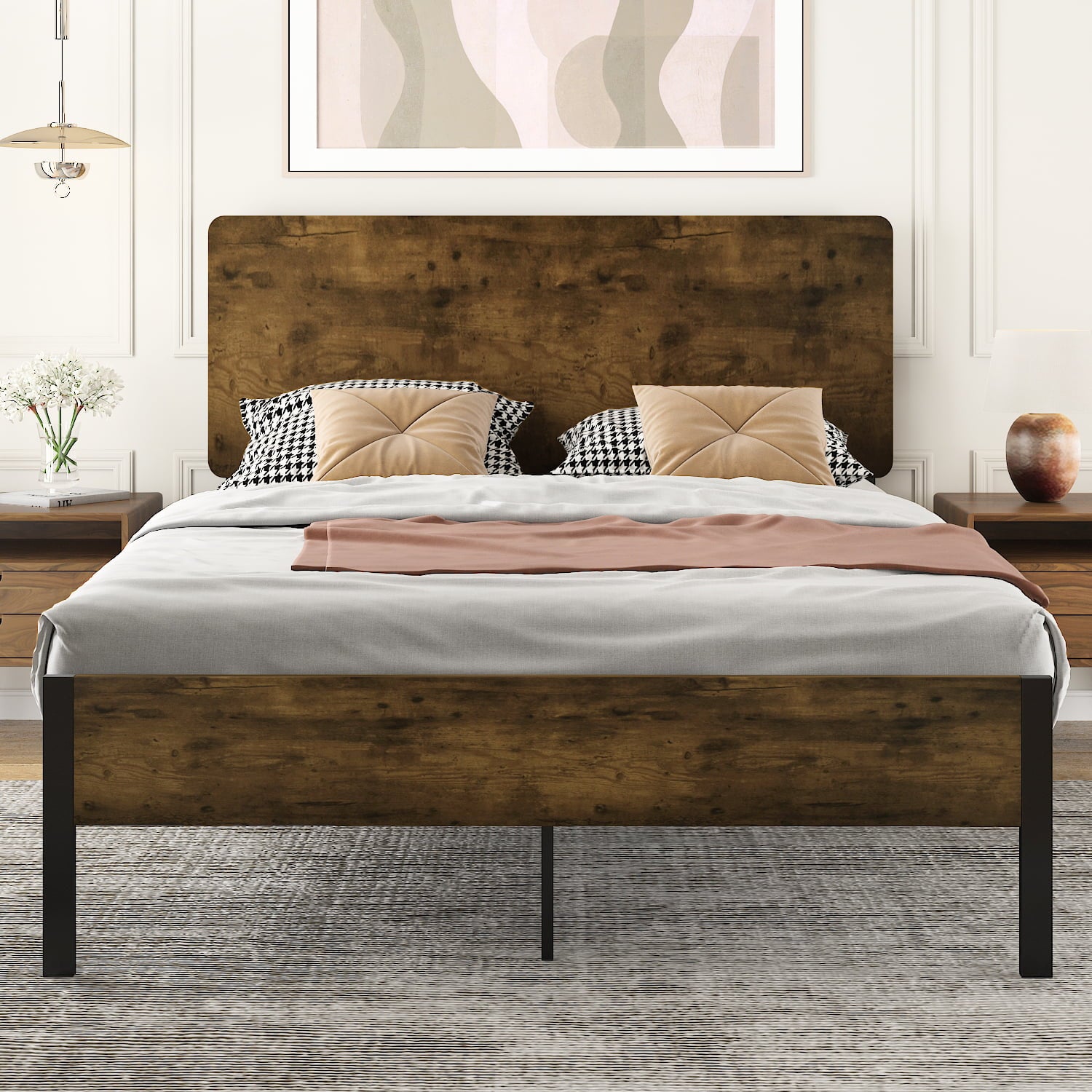 Amolife Queen Size Metal Platform Bed Frame with Industrial Wood Headboard and Metal Slats