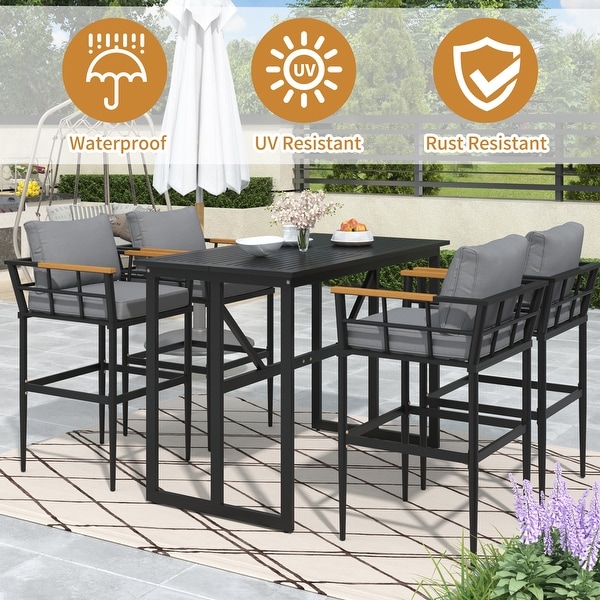 5Piece Patio Dining Table Set Outdoor Furniture with Large Table，Steel and Acacia Wood Ideal for Outdoor Spaces