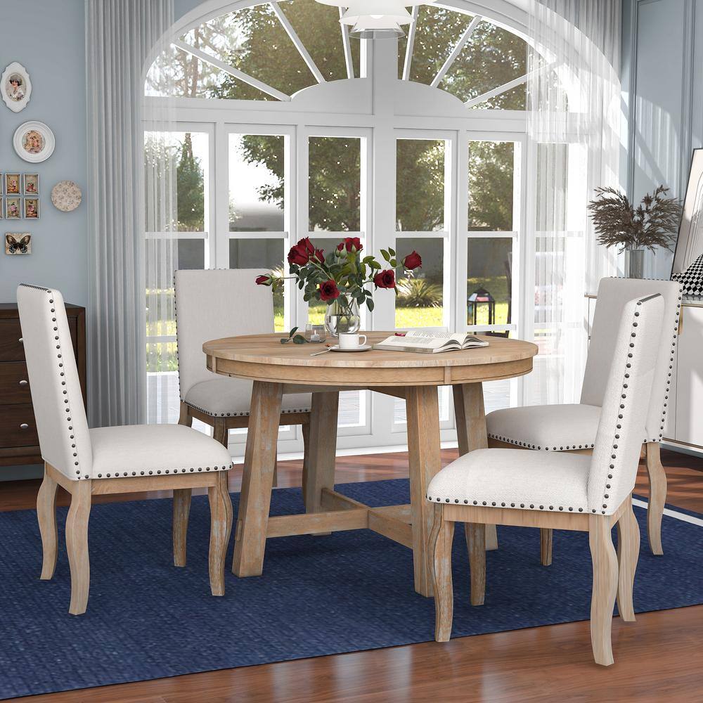 URTR 5-Piece Natural Wood Top Round Dining Table Set Extendable Kitchen Table and 4 Upholstered Dining Chairs for 4 Person T-01421-E