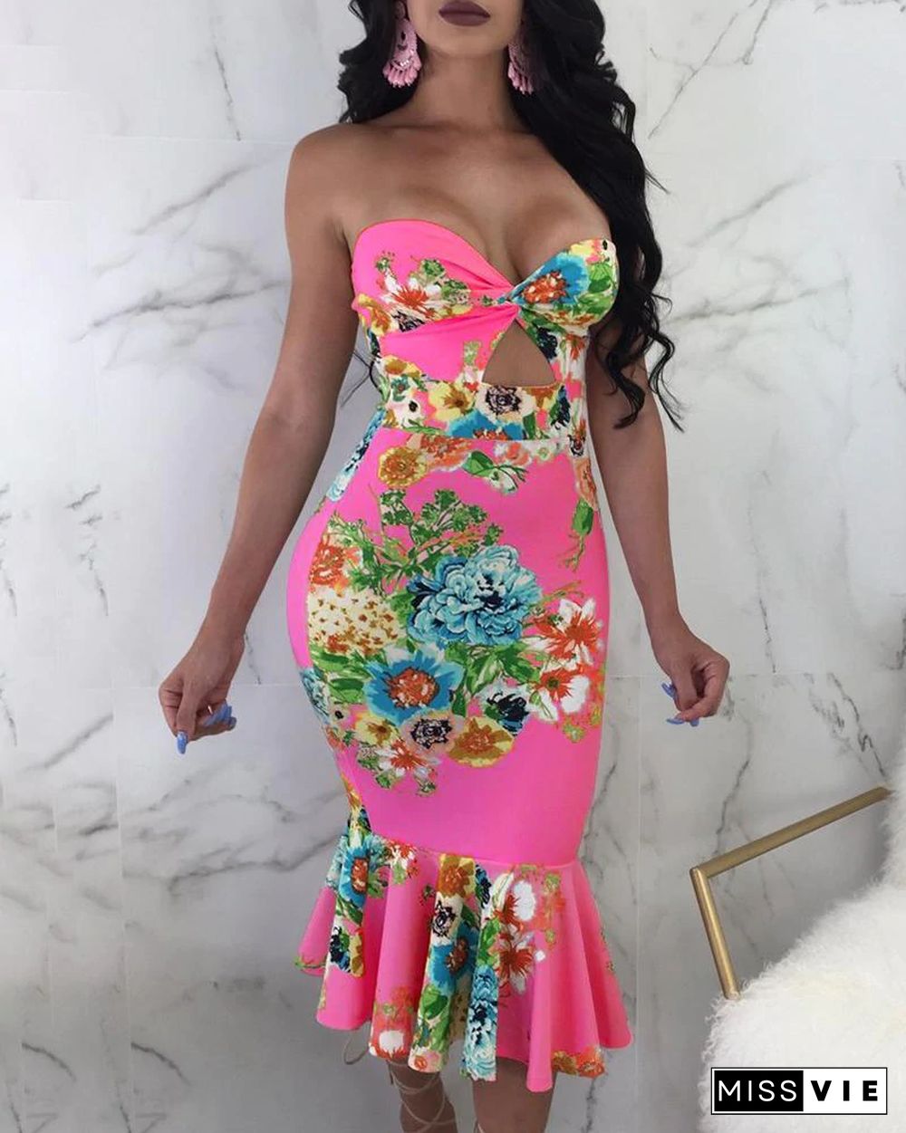 Floral Print Ruffles Hem Tube Dress