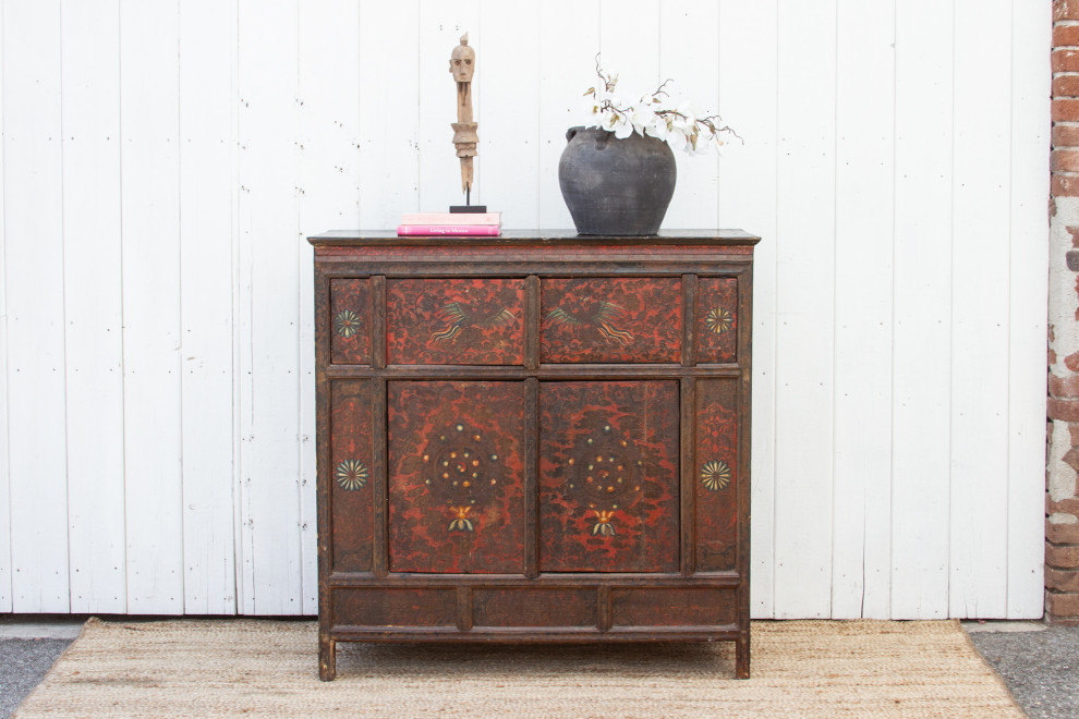 Vintage Mongolian Painted Four Door Cabinet   Asian   Accent Chests And Cabinets   by De cor  Houzz