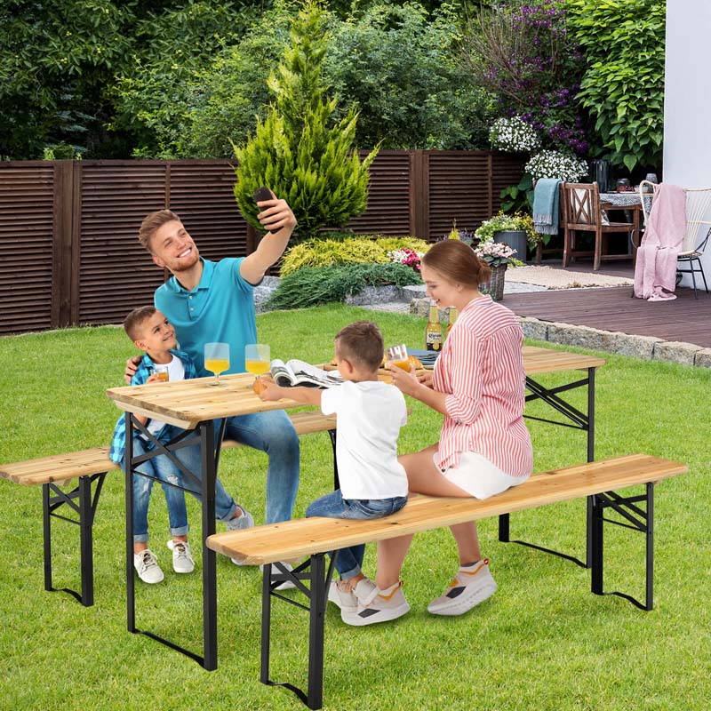 70'' 3 Pcs Folding Picnic Table Bench Set, Portable Beer Table with Seating Set, Wooden Top Outdoor Dining Table Set