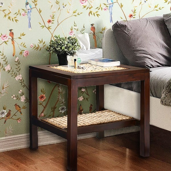 Chic Teak Java Mahogany Side Table with Banana Leaf Inlays