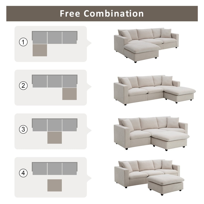 Convertible Sectional Sofa Couch  4 Seat L Shaped Sofa with Ottoman and 2 Free Pillows  Modern Sofa Couch for Living Room