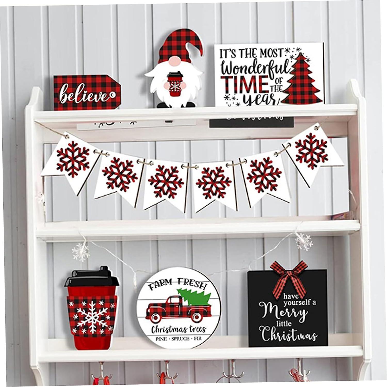 Christmas Tiered Tray Decor 12pcs/set Buffalo Plaid Gnome Wood Trays Home Decor Wooden Signs Table Decor