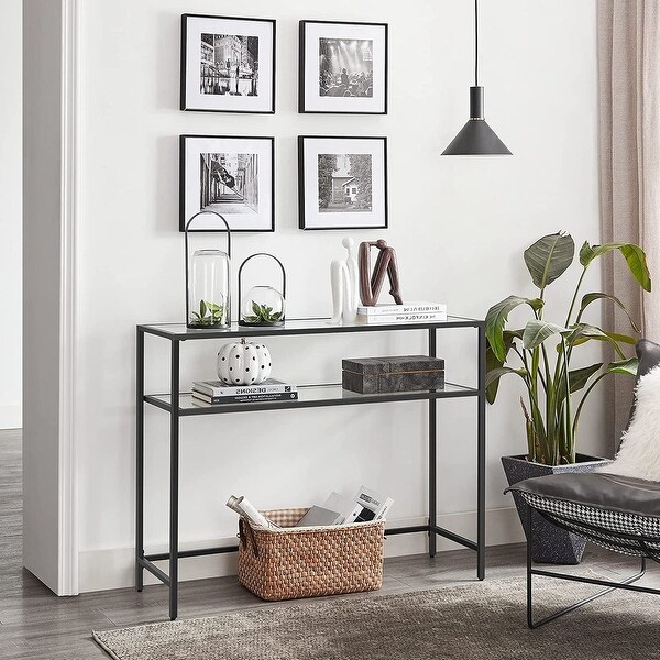 Console Table， Modern Sofa or Entryway Table， Tempered Glass Table， Metal Frame， 2 Shelves， Adjustable Feet， for Living Room