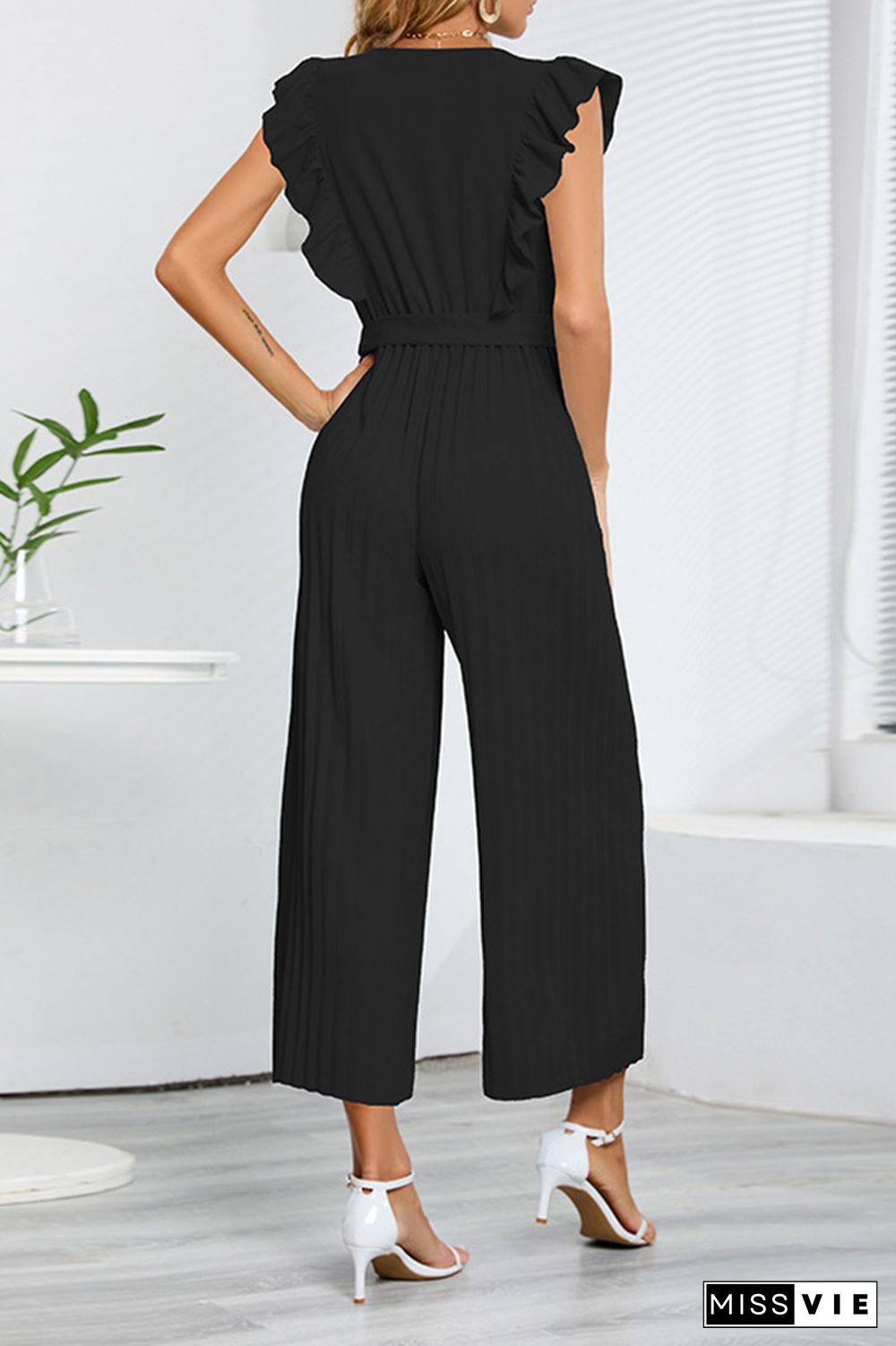 Sleeveless V Neck Ruffle Pleated Wide Leg Jumpsuit