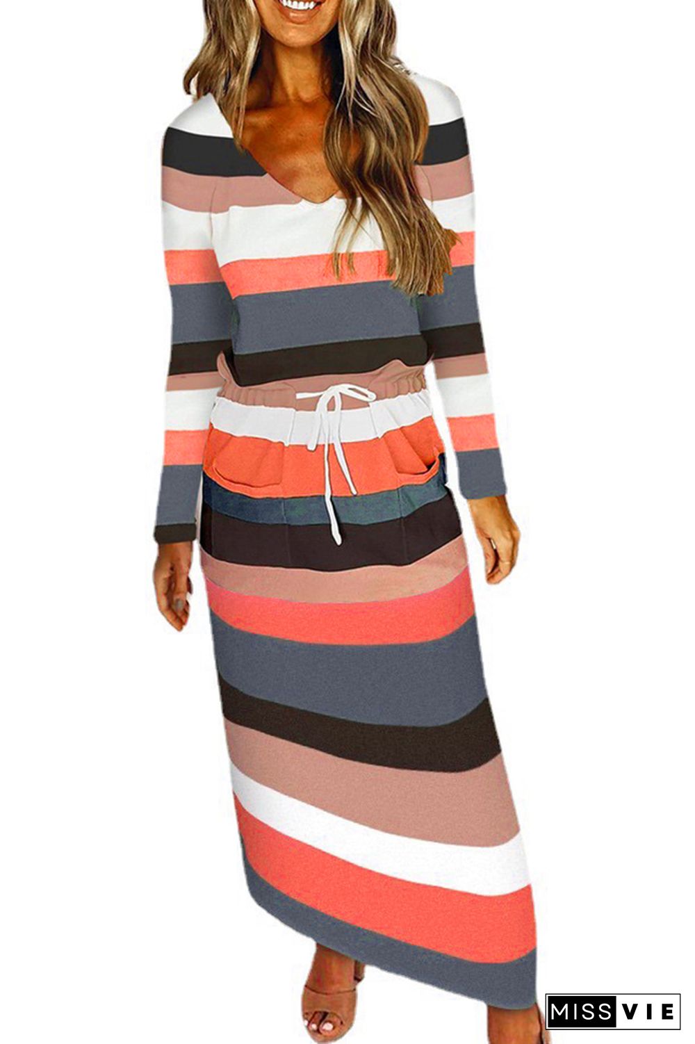 Colorful Stripe Drawstring Long Sleeve Dress Women Wholesale