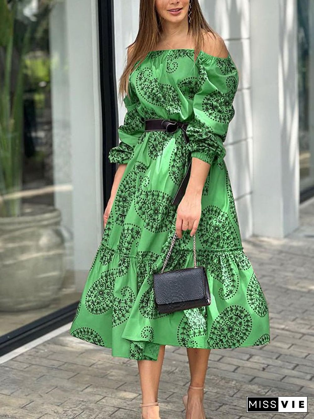 Women'S Dresses One-Shoulder Belted Long Sleeve Print Dress