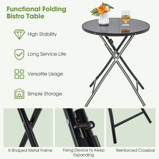 Tangkula 23 Inch Round Bistro Table Patio Folding Cocktail Table W Tempered Glass Tabletop Heavy duty Metal Frame