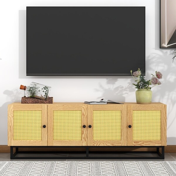 Rattan Doors and 2 Adjustable Panels Wooden TV Console Table