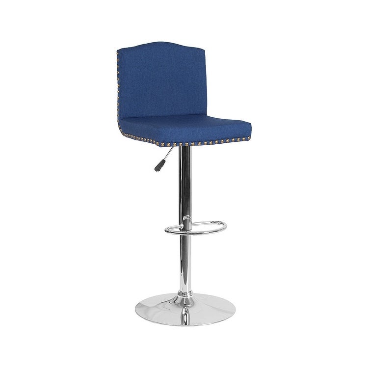 Offex Bellagio Contemporary Adjustable Height Barstool with Accent Nail Trim in Blue Fabric