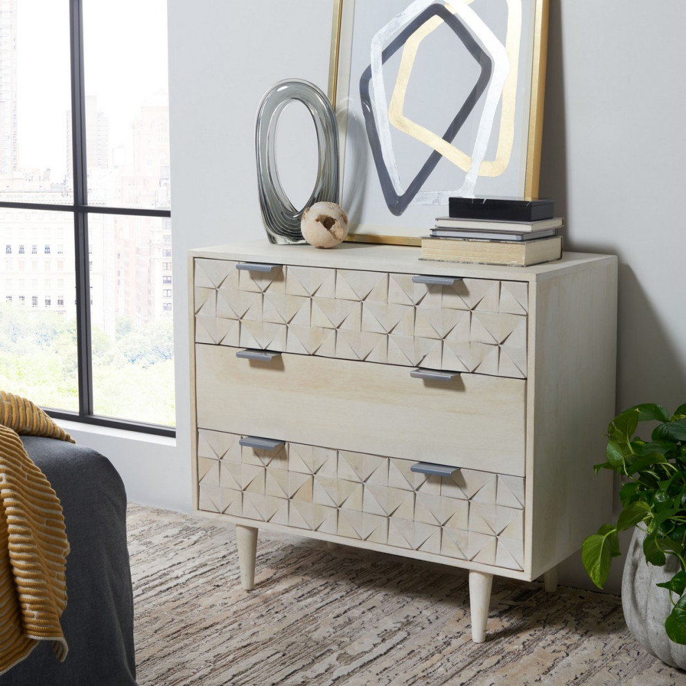 Miller 3 Drawer Chest Whitewash/ Silver   Midcentury   Accent Chests And Cabinets   by Peachtree Fine Furniture  Houzz