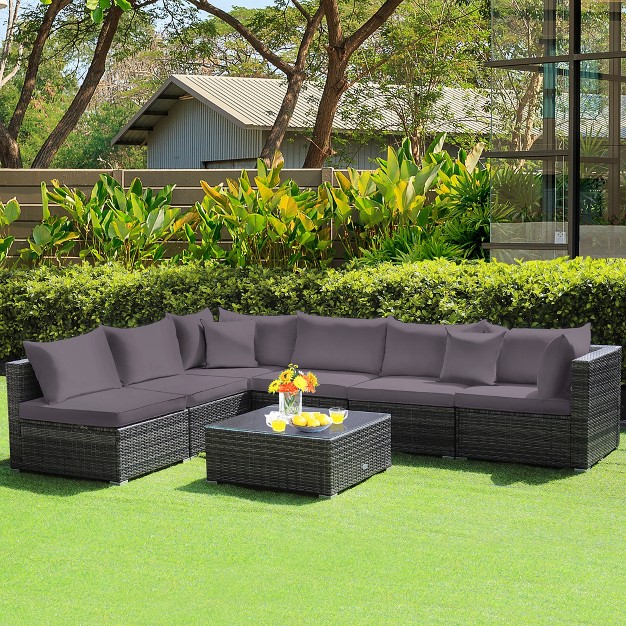 Costway 7pcs Patio Rattan Furniture Set Sectional Sofa Cushioned Garden