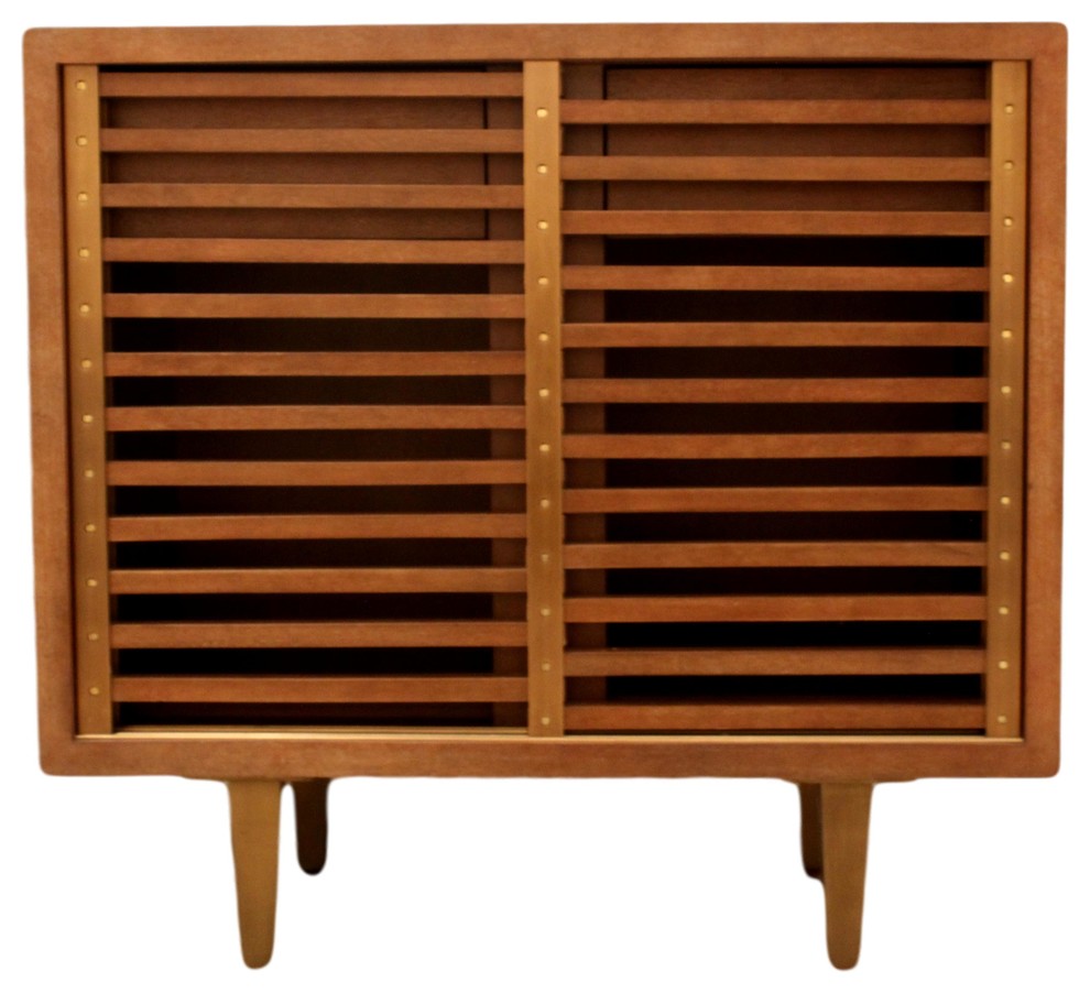 MidCentury Slat Front Sliding Door Accent Chest Modern Table Wood Vintage Style   Midcentury   Accent Chests And Cabinets   by My Swanky Home  Houzz