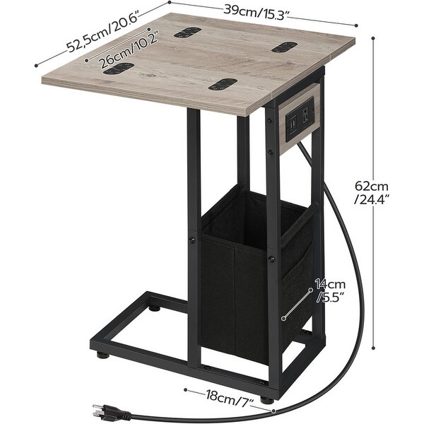 C Shaped Side Table with Charging Station，End Table，Greige and Black