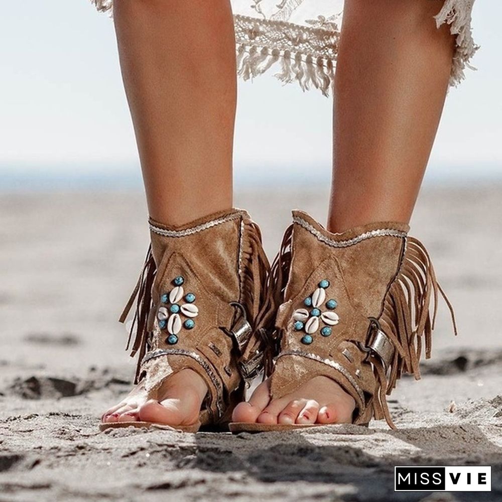 Women's Fashion Tassel Roman Boho Sandals Flock Retro Ankle Sandal Shoes Summer Flats Flip Flops Bohemian Beach Boot Shoes Plus Size