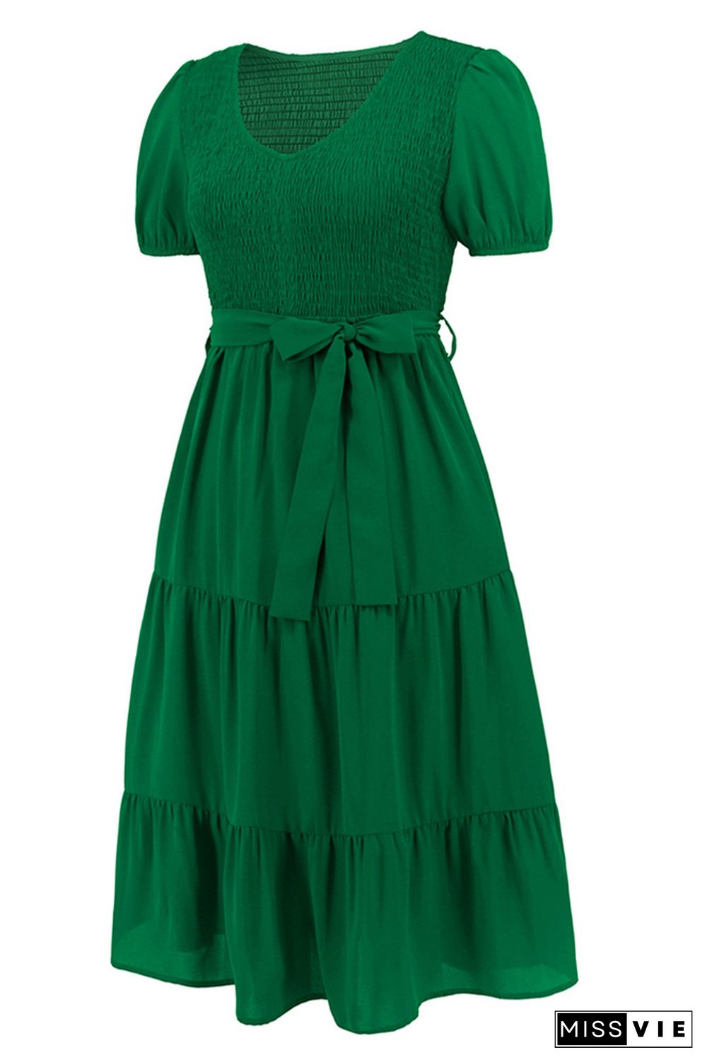 Plain V Neck Smocked Puff Tiered Midi Dress