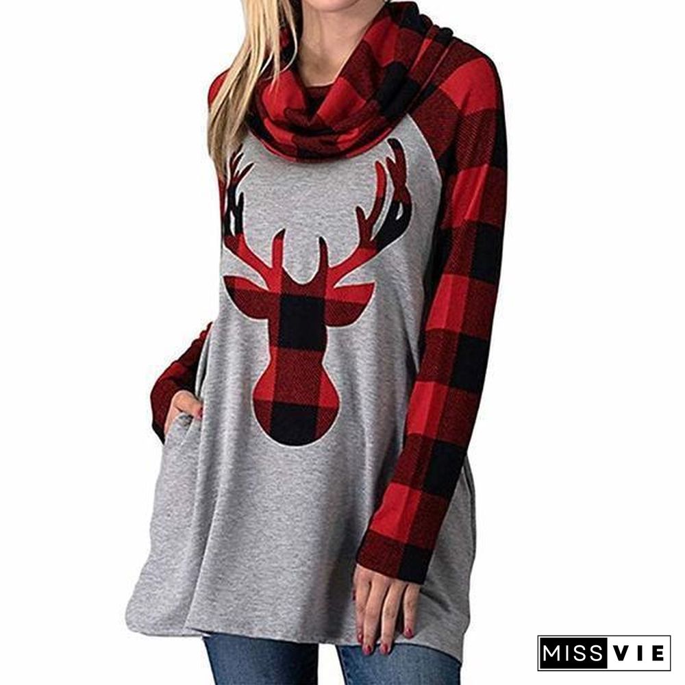 Christmas Fall Winter Plaid Long Sleeve Deer Head Print Blouse T-Shirt Tops