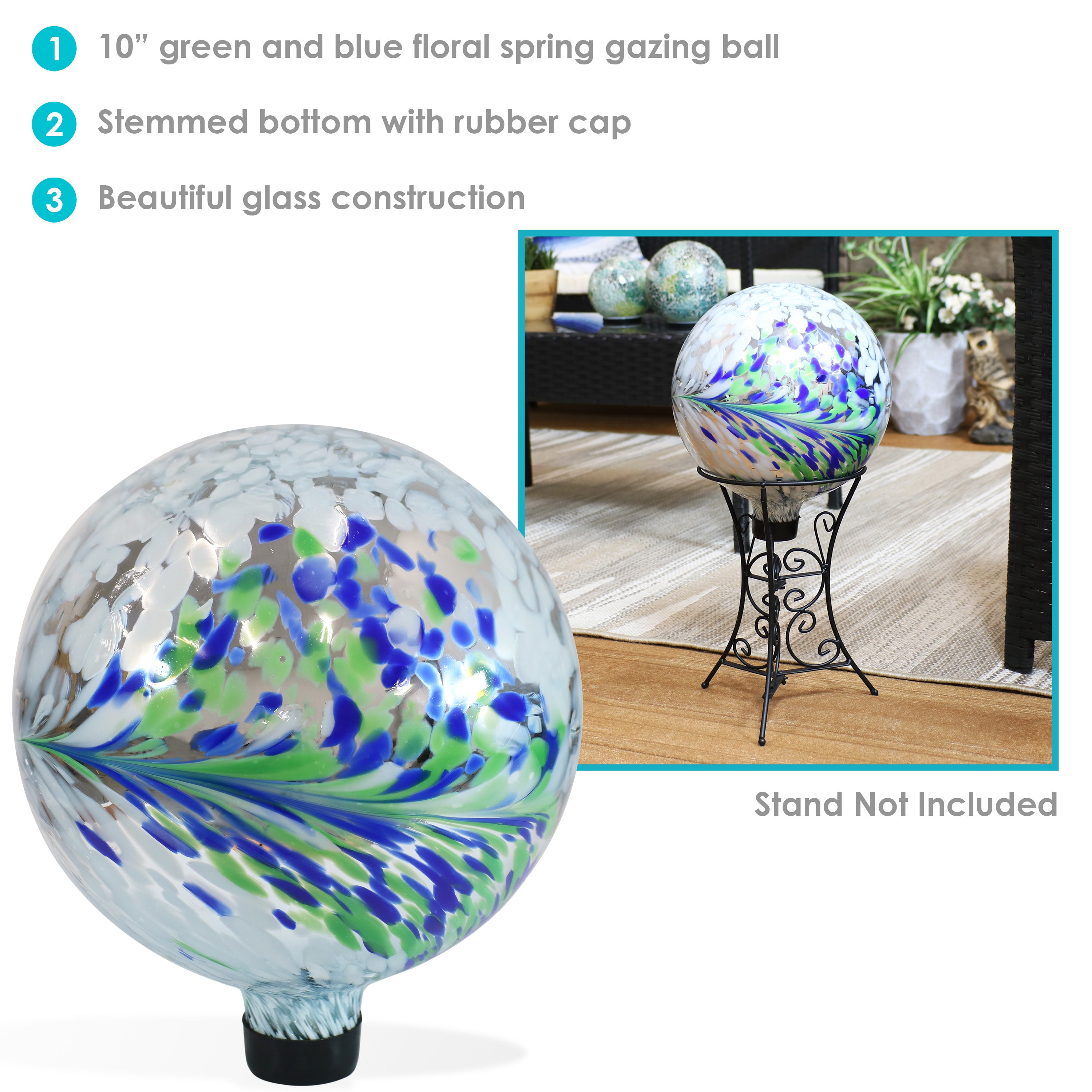 Sunnydaze Floral Spring Splash Gazing Globe - 10" Diameter - White, Blue, and Green