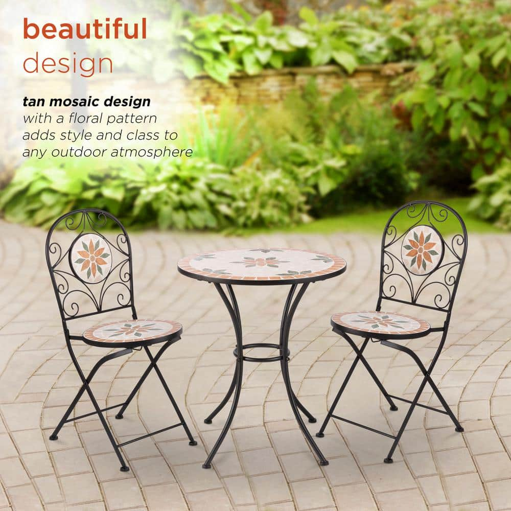 Alpine Corporation Indoor/Outdoor 3-Piece Mosaic Bistro Set Folding Table and Chairs Patio Seating, Tan JFH918A