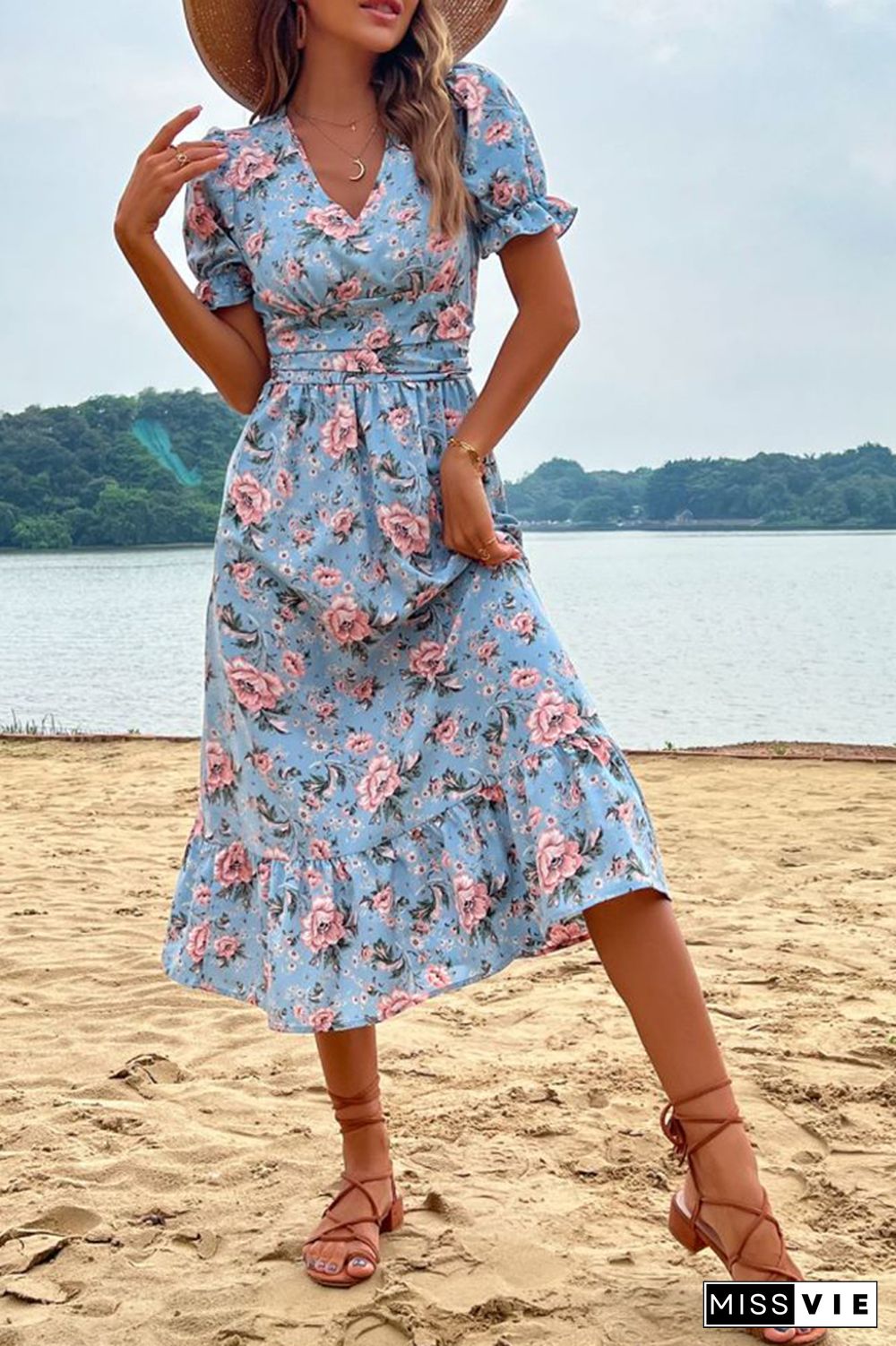 Puff Sleeve Flower Print V Neck Midi Dress Wholesale