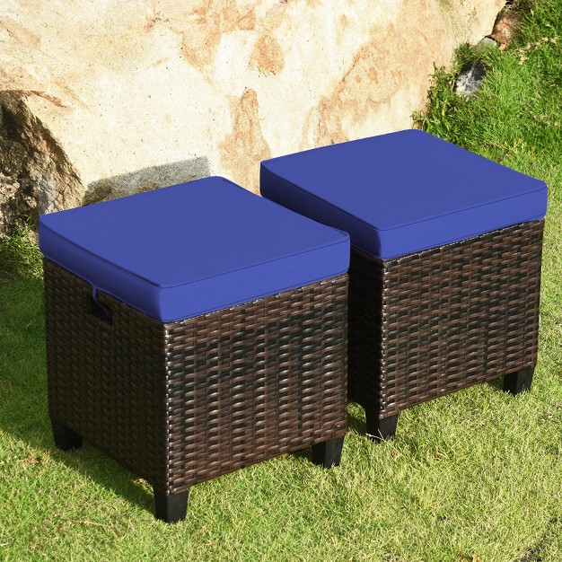 Tangkula Set Of 2 Patio Rattan Ottoman Footrest Garden Outdoor W Navy Cushion