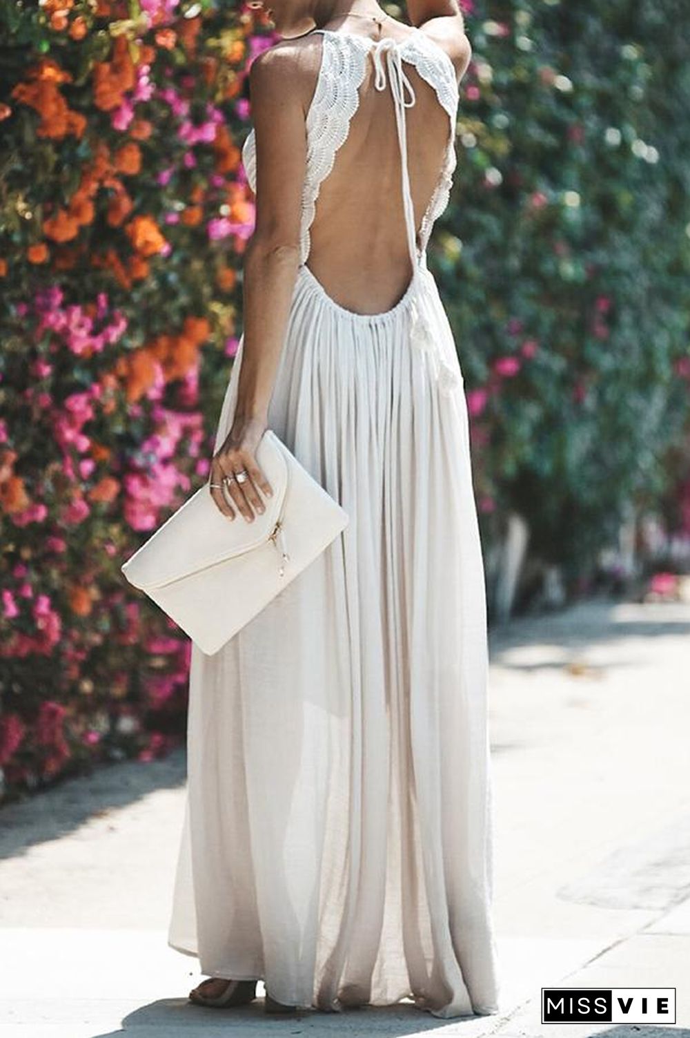 V Neck Spaghetti Straps Lace Panel Maxi Dress