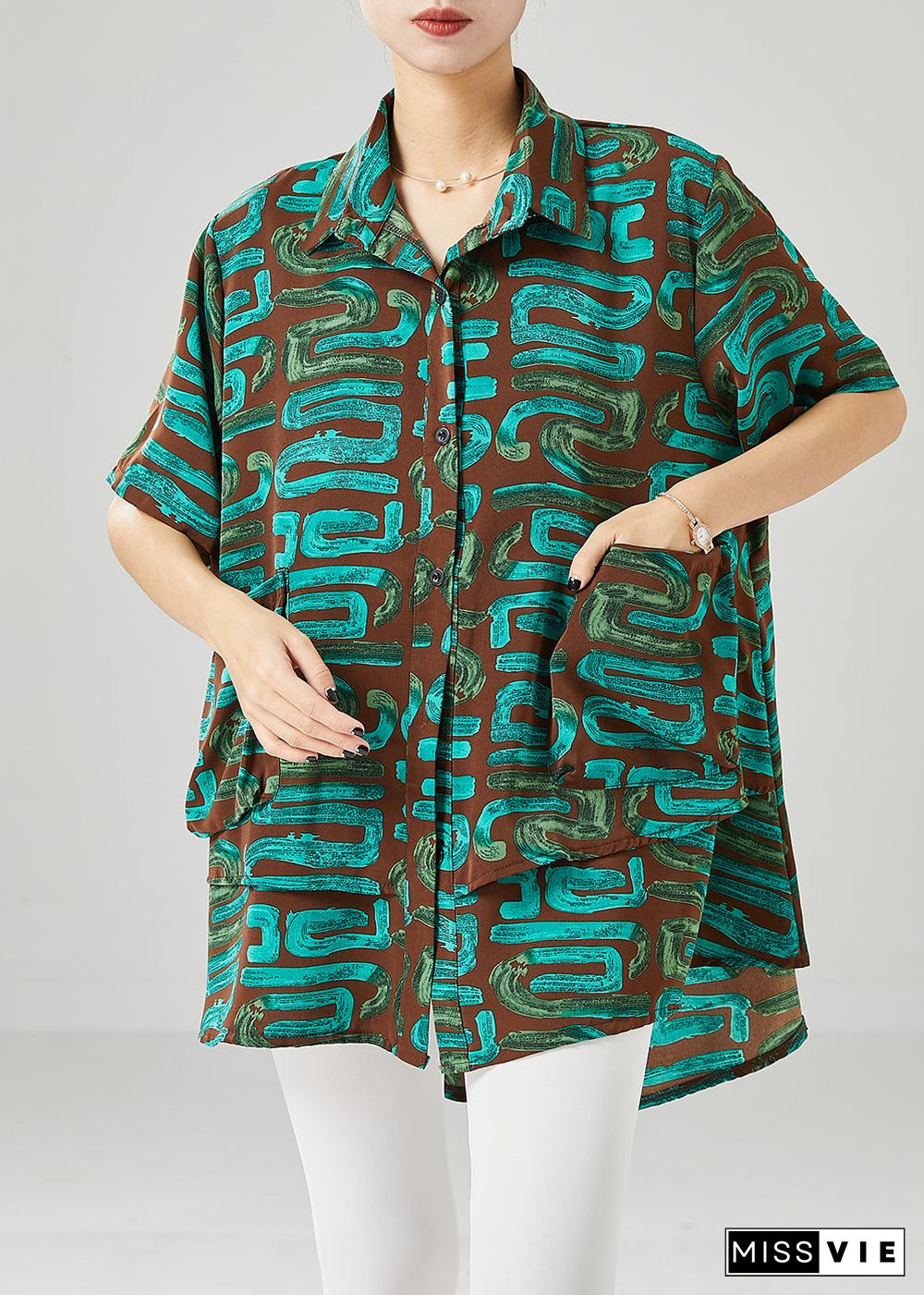 Green Print Spandex Blouses Oversized Summer