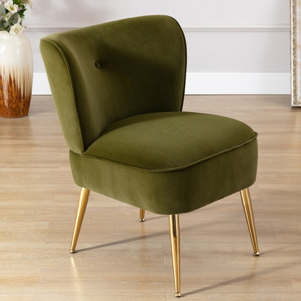 Modern Velvet Side Tufted Wingback Accent Leisure Chair with Ginger Fabric Upholstered Seat and Gold Metal Legs