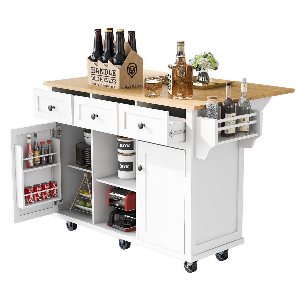 Zeus  Ruta White Rubber wood 53 in. Kitchen Island Drop-Leaf Countertop Cabinet door internal storage racks 5-Wheels 3-Drawers XIN-UTPEZB3