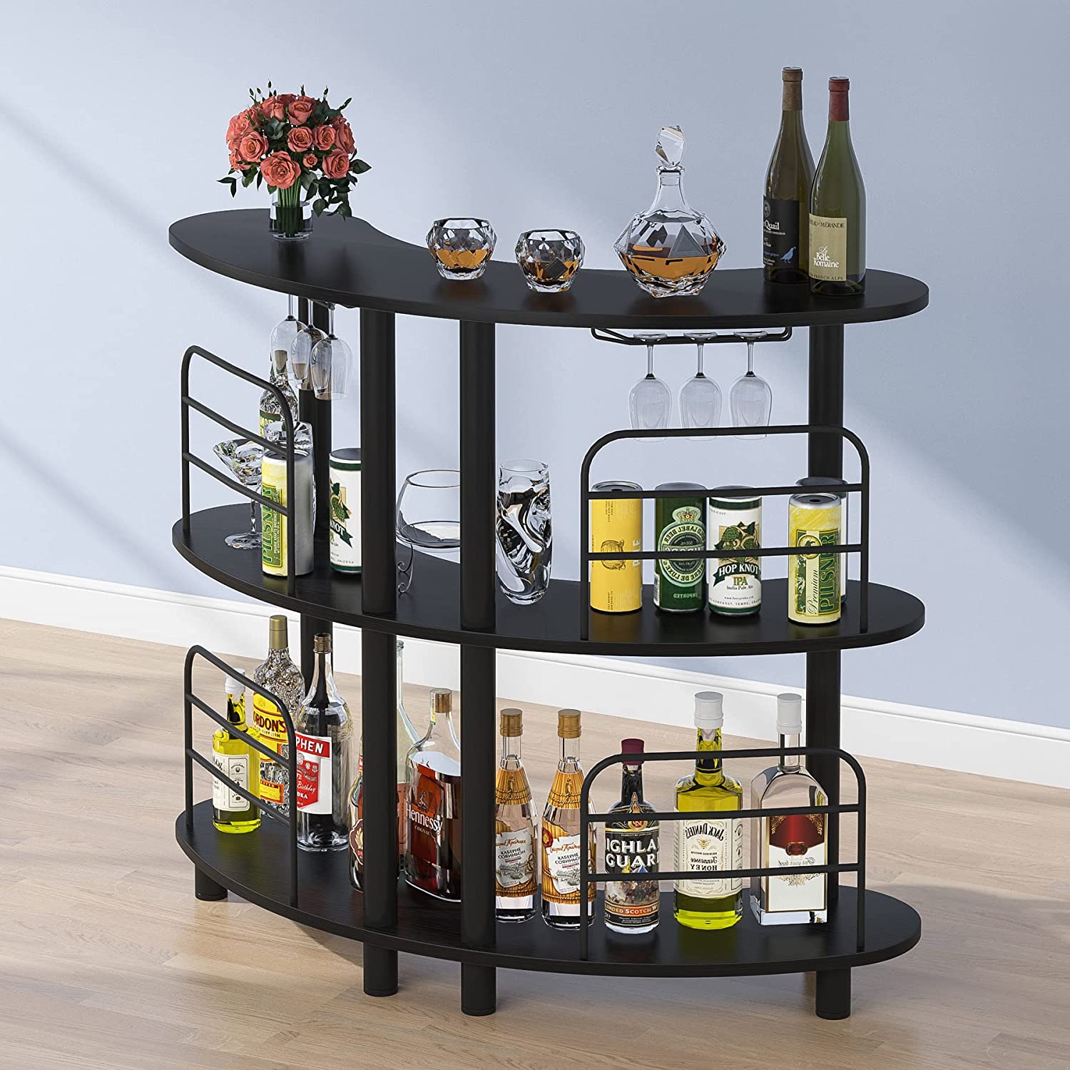 Tribesigns 3 Tier Liquor Bar Cabinet， Kitchen Wine Bar Storage with Shelves and Glasses Holder， Black