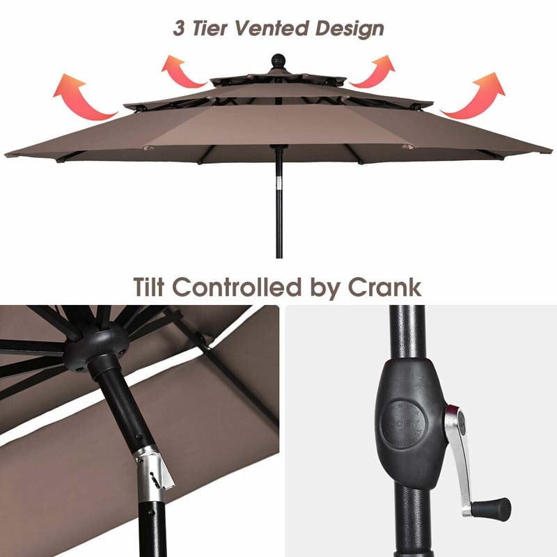 10 FT 3 Tiers Outdoor Patio Market Umbrella with Crank & Auto-tilt, Double Vented Table Umbrella for Pool Deck