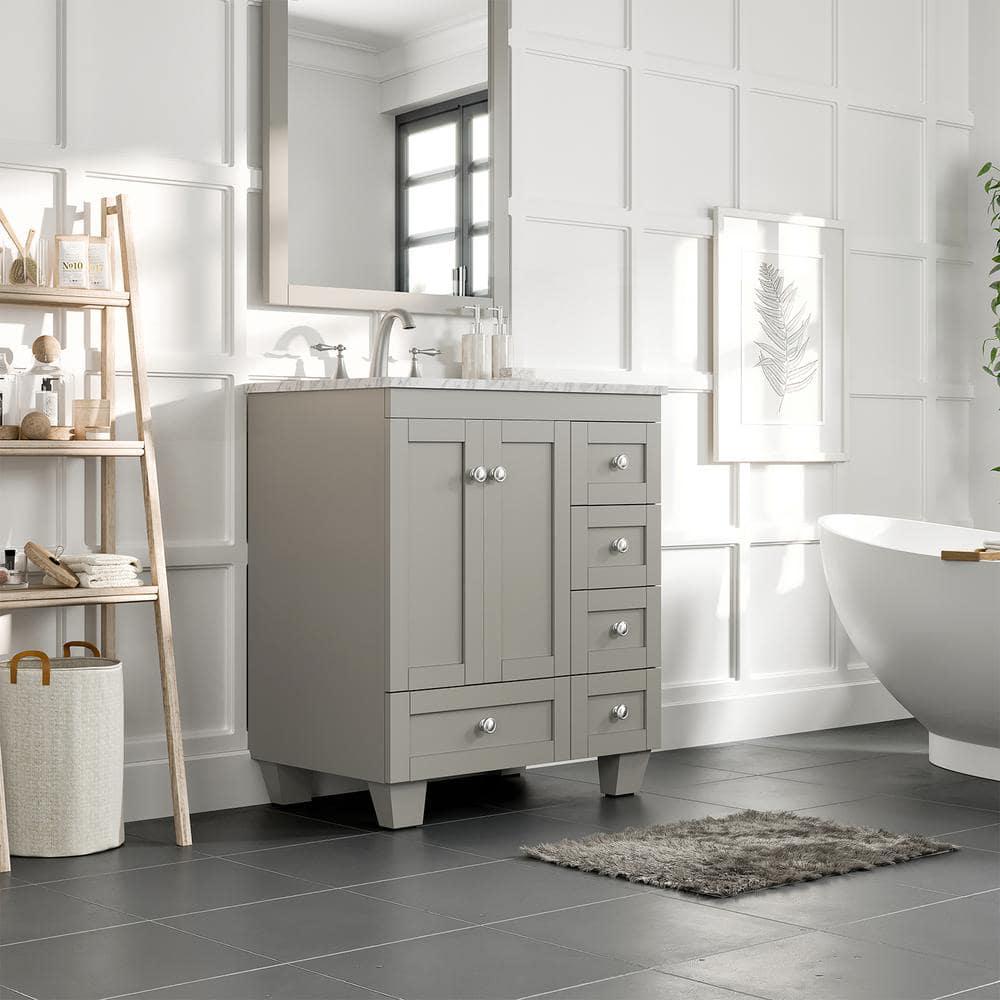 Eviva Acclaim 30 in W x 22 in D x 34 in H Bath Vanity in Gray with White Carrara Marble Vanity Top with White Sink