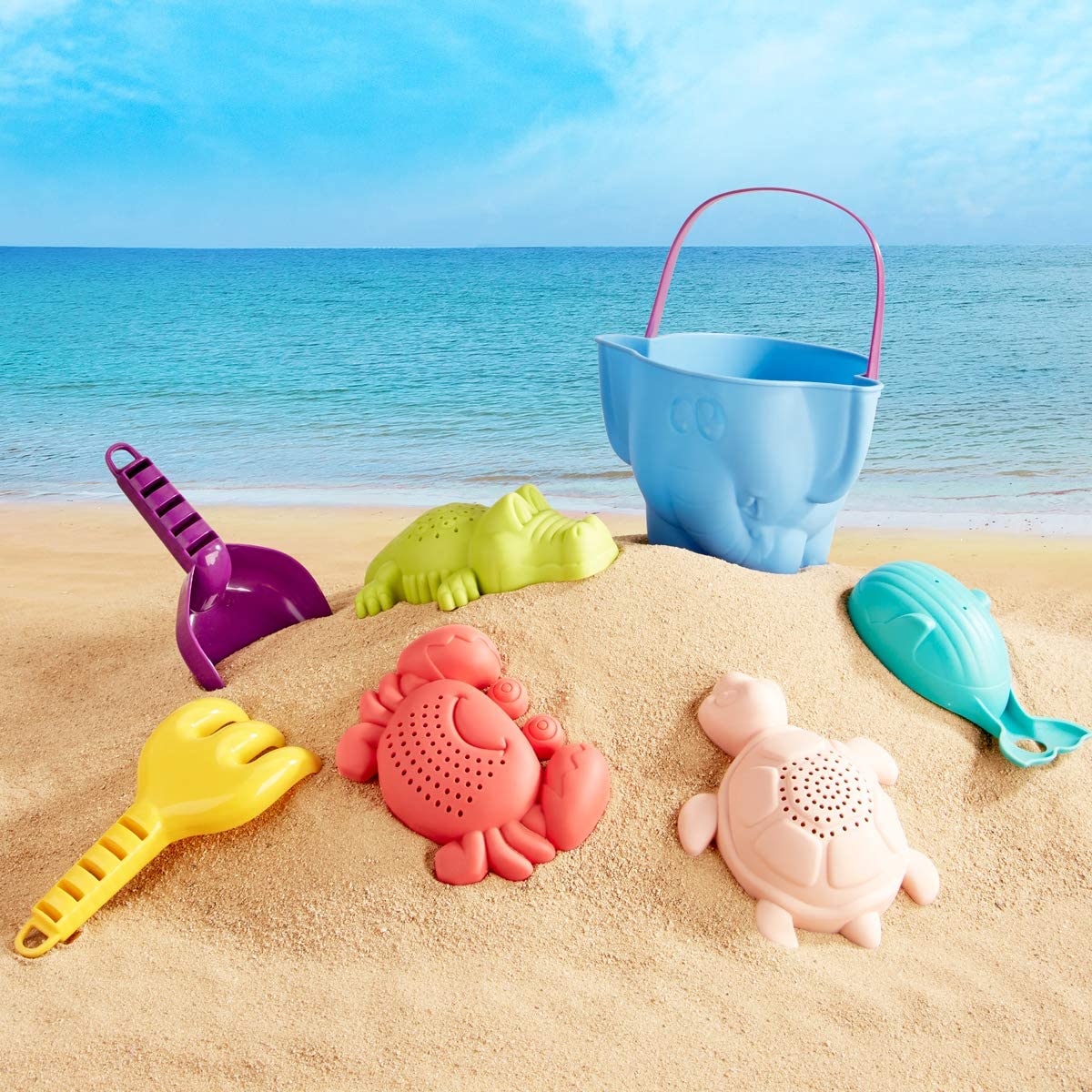 YINYUE Beach Toys Sand Toys Bath Toys for Baby Toddlers Age 1-2-4, 7 Pcs Sand Toys Bucket Rake Shovel Set(Random Color)