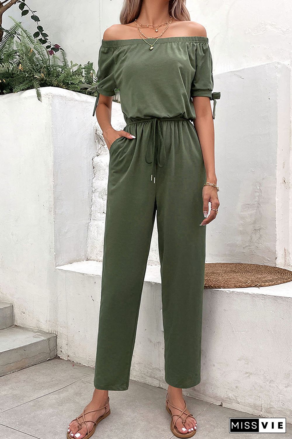 Plain Off Shoulder Drawstring Jumpsuit