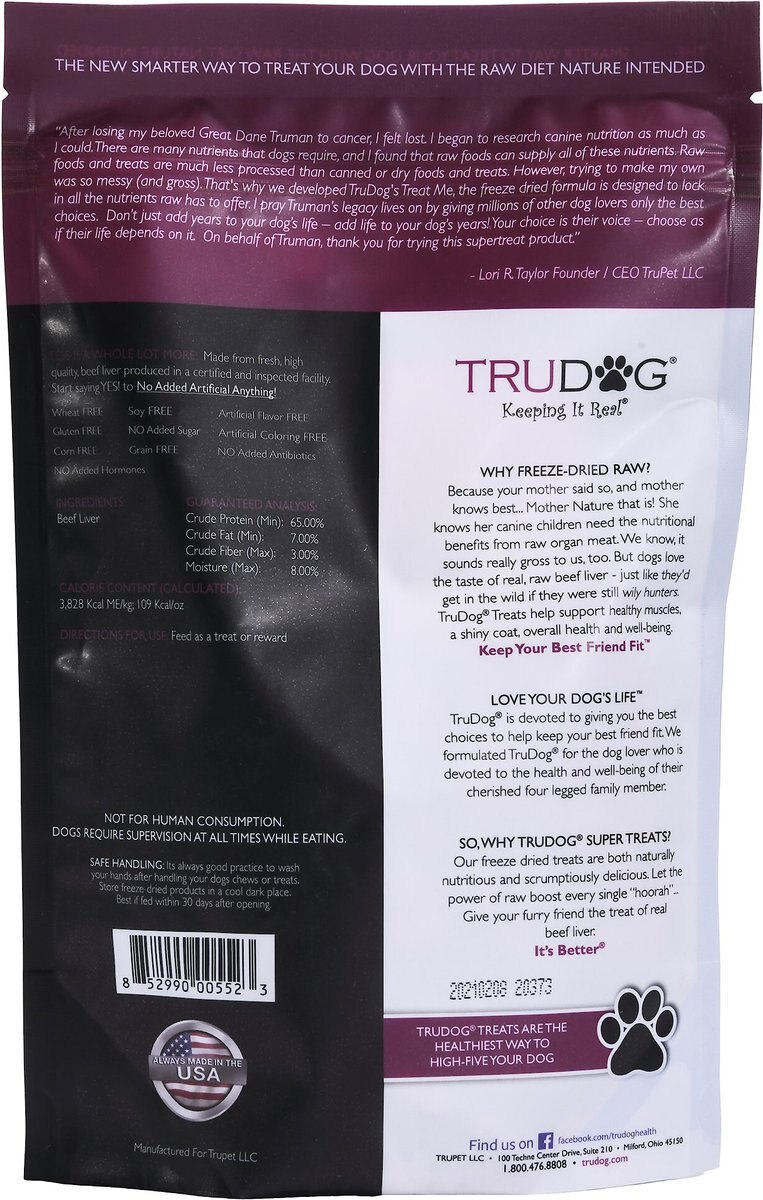 TruDog Treat Me Beef Liver Grain-Free Freeze-Dried Raw Dog Treats， 2-oz bag