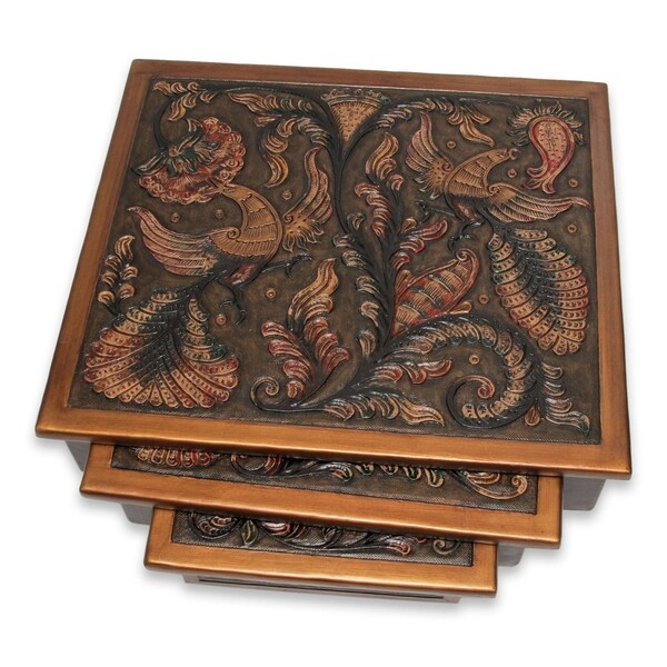 Handmade Tooled Leather Wood Side Tables， Set of 3 (Peru)