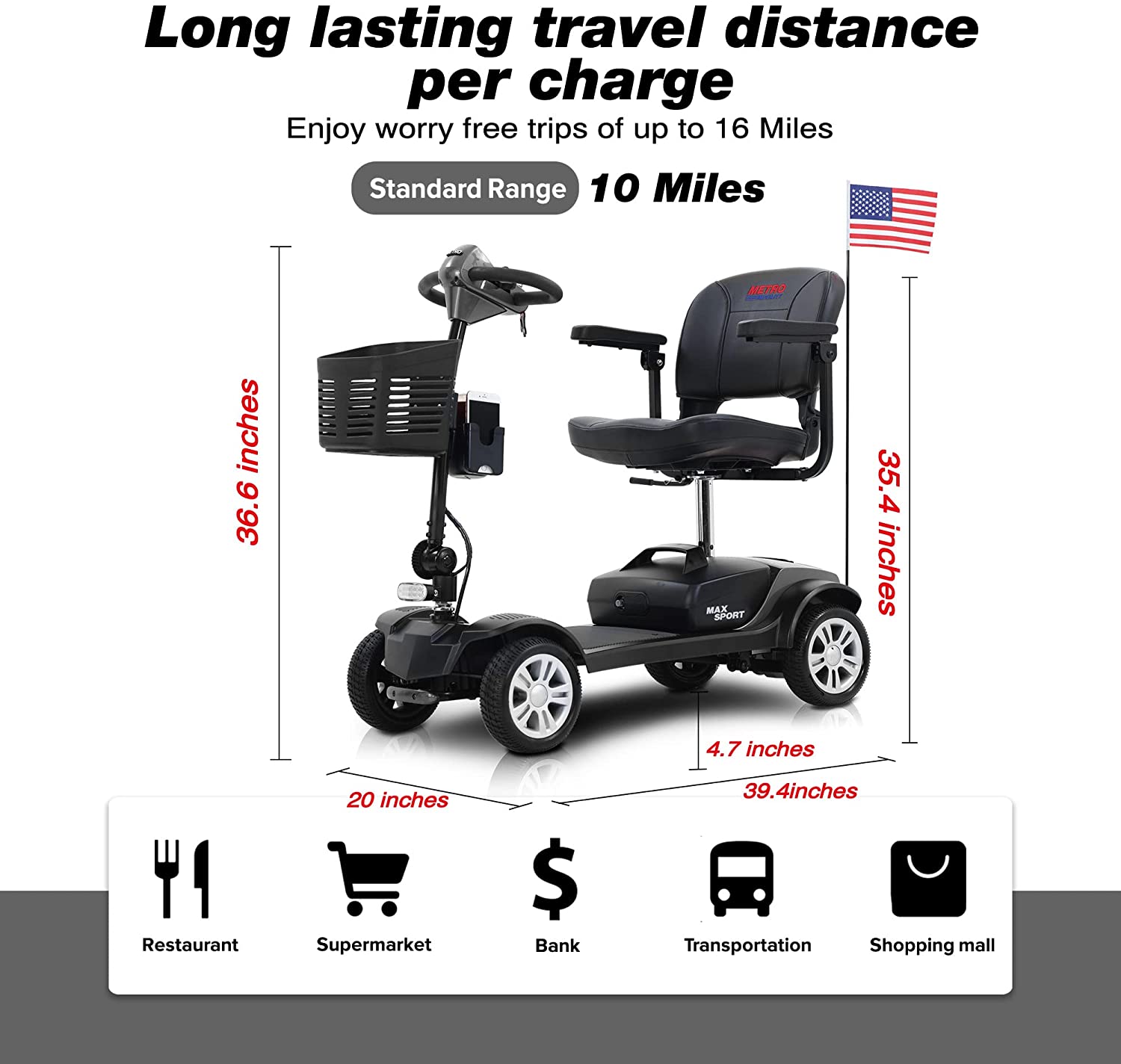 4 Wheel Mobility Scooters- Folding Electric Powered Wheelchair Device for Seniors Adults Elderly, Collapsible and Compact Heavy Duty Mobile for Travel with Basket (MAX Sport Grey)