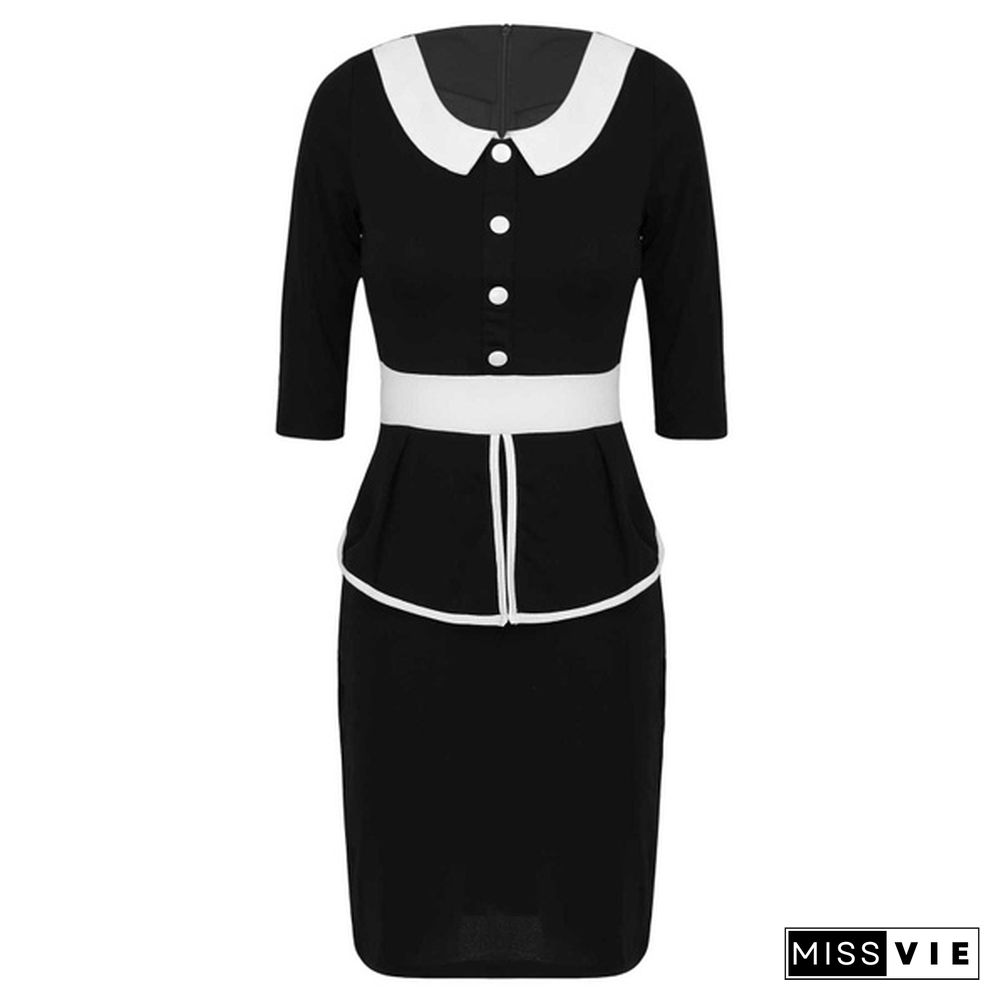 Office Ladies Attire Work Office Dresses One-Piece Round Ruffle Lapel Collar 3/4 Sleeve Slim Bodycon Pencil Outfits